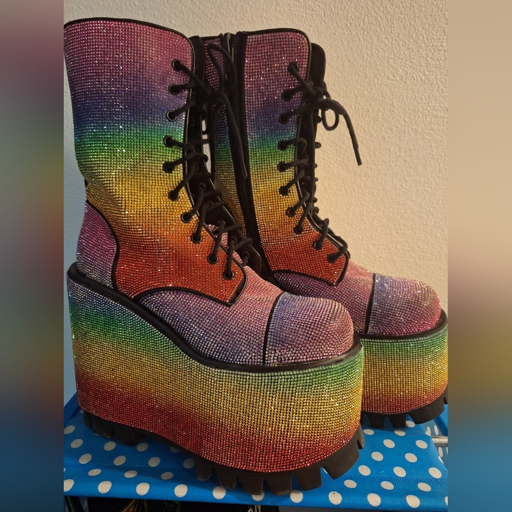 DollzKill Rainbow Rhinestone Plaform Ankle Boots Women's Size 9